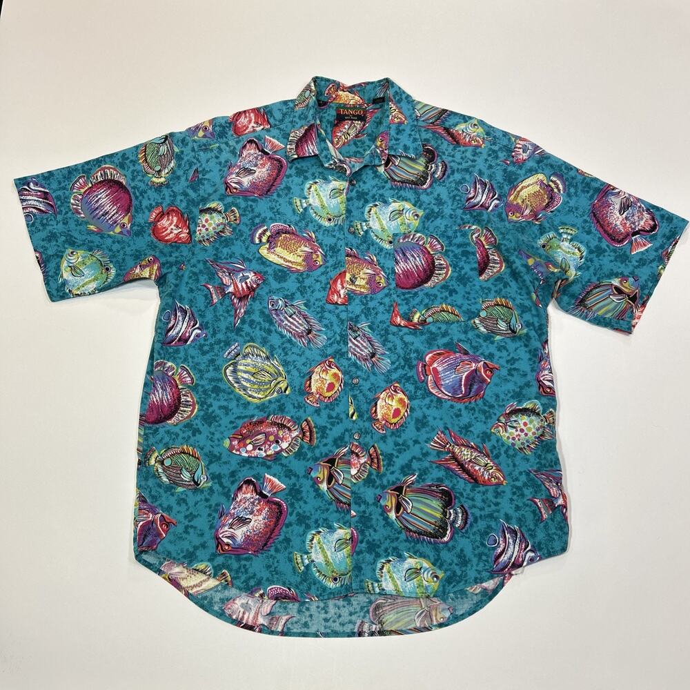 Vintage Tango By Max Raab Fish Print Button Up Shirt Men's XL USA Beach Camp 90s